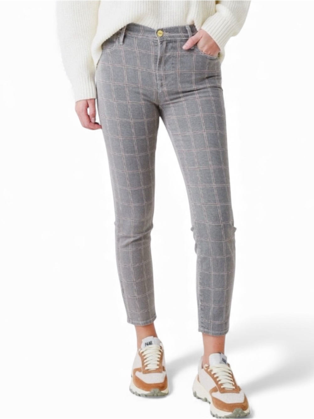 FRAME Le High Skinny Crop Jeans 24 Window Pane Plaid Grey Red New With Tags NWT